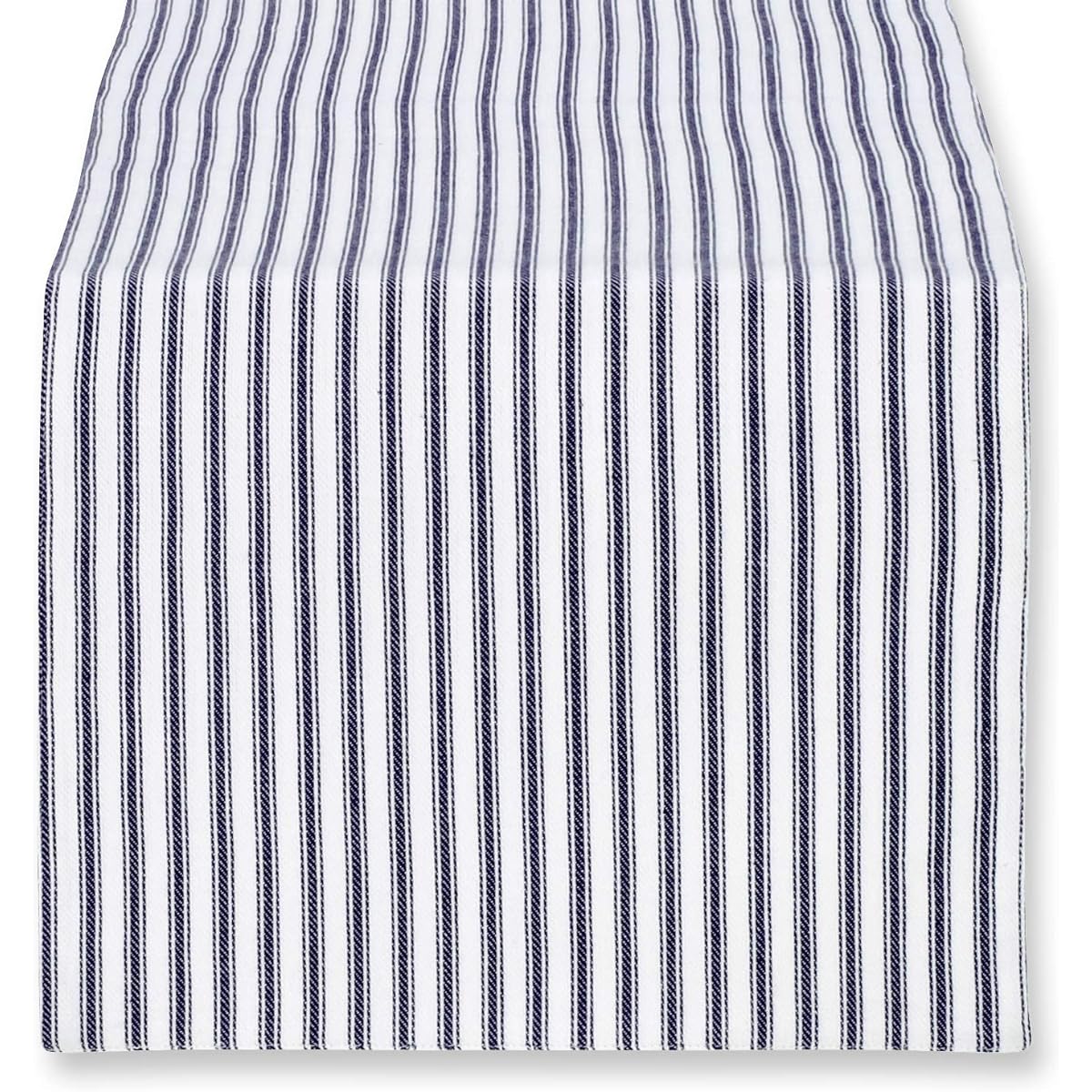 Cackleberry Home Table Runner, Navy Blue and White Chicking Stripe, Reversible, 72 Inches, Blue