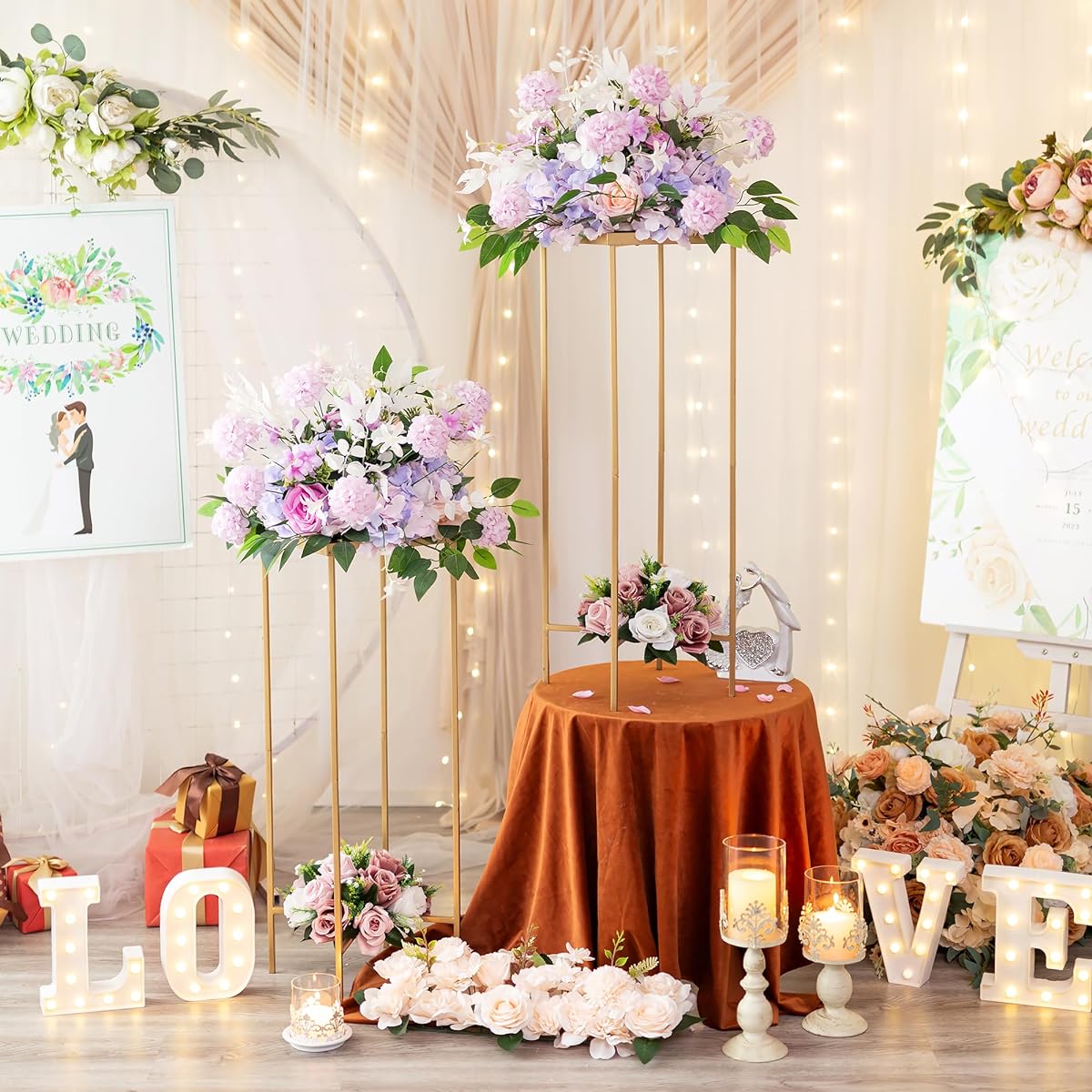 Inweder Gold Wedding Centerpieces for Tables - 2pcs Metal Column Flower Stands 31.5" Tall Vases for Centerpieces Geometric Centerpieces Flower Vase Stands for Wedding Decor Events Home