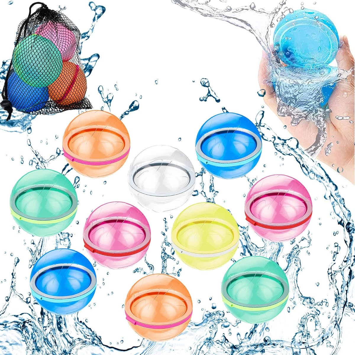 Reusable Water Balloons Quick Fill Self Seal Refillable Water Balls for Kids Reusable Water Bomb Splash Balls for Pool Quick Fill Easy Tie Water Balloons for Water Fight Summer Party 10pcs
