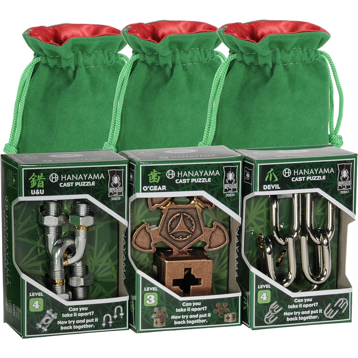 O'Gear U&U Devil Hanayama Brain Teaser Puzzle Set 3 Green Velvet Red Satin Lined Drawstring Pouch