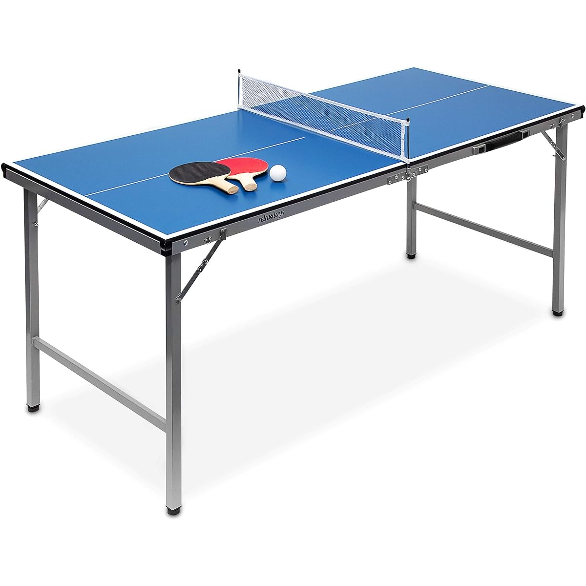 Relaxdays Midi Table Tennis Ping Pong Table, 150 x 67 x 71 cm, Folding Table for Indoor & Outdoor Use, Balls and Paddles Included, Blue