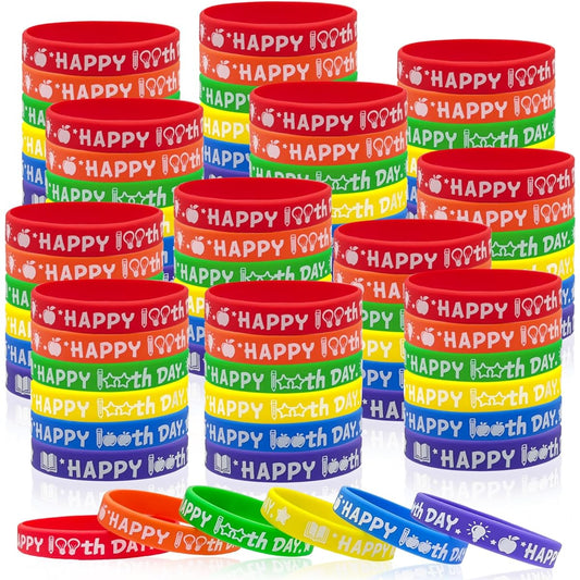 100 Pieces 100th Day of School Silicone Bracelets Wristbands Rubber Bracelets Colorful Happy 100 Days of School Rubber Bracelets Accessories Reward for Boys Girls School Supplies Decoration Student Reward (100)