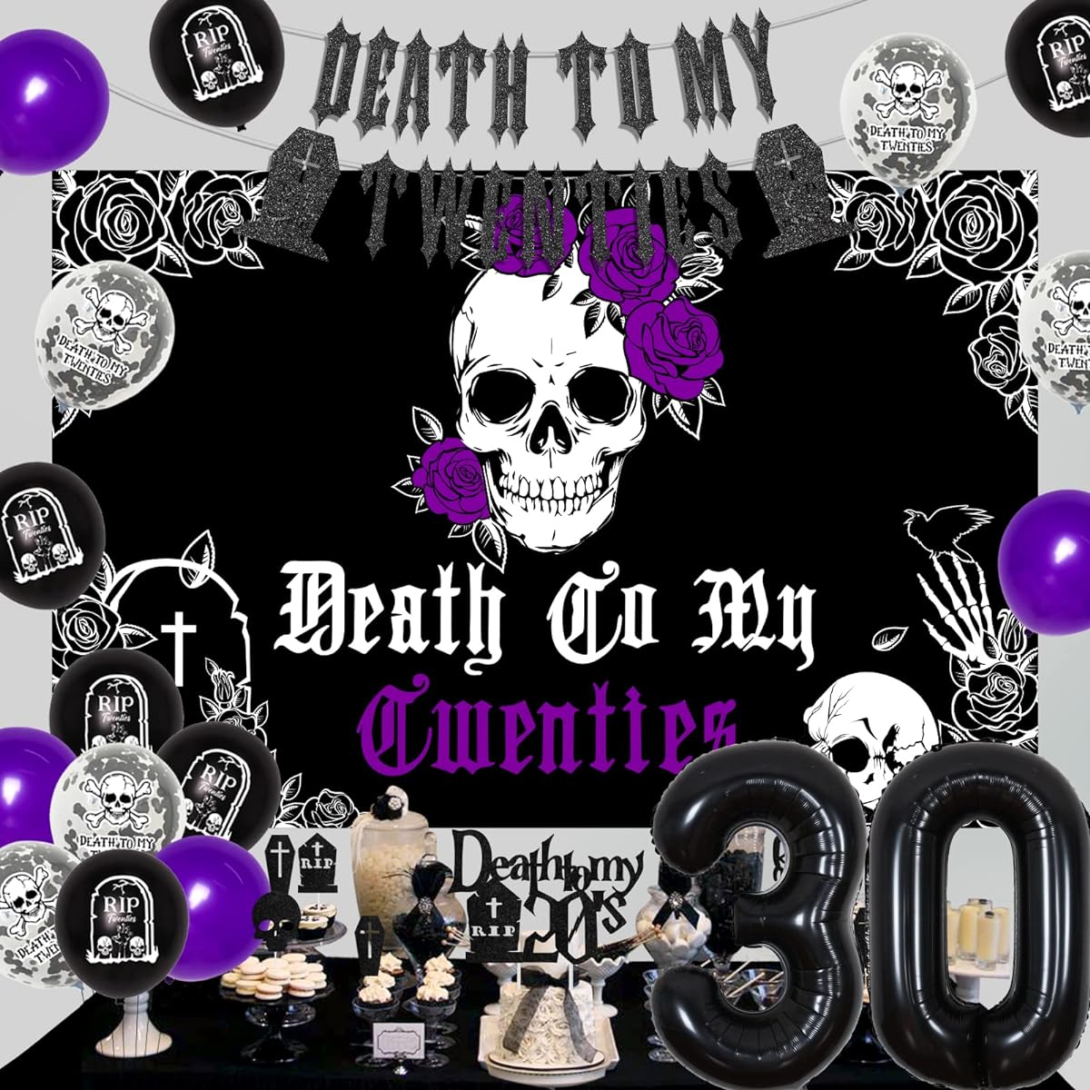 Death to My 20s Dirty 30 Birthday Decorations Rip to My 20s Birthday Decorations Black and Purple Balloons Number 30 Balloons Death to My 20s Banner Cake Topper Backdrop Cupcake Toppers