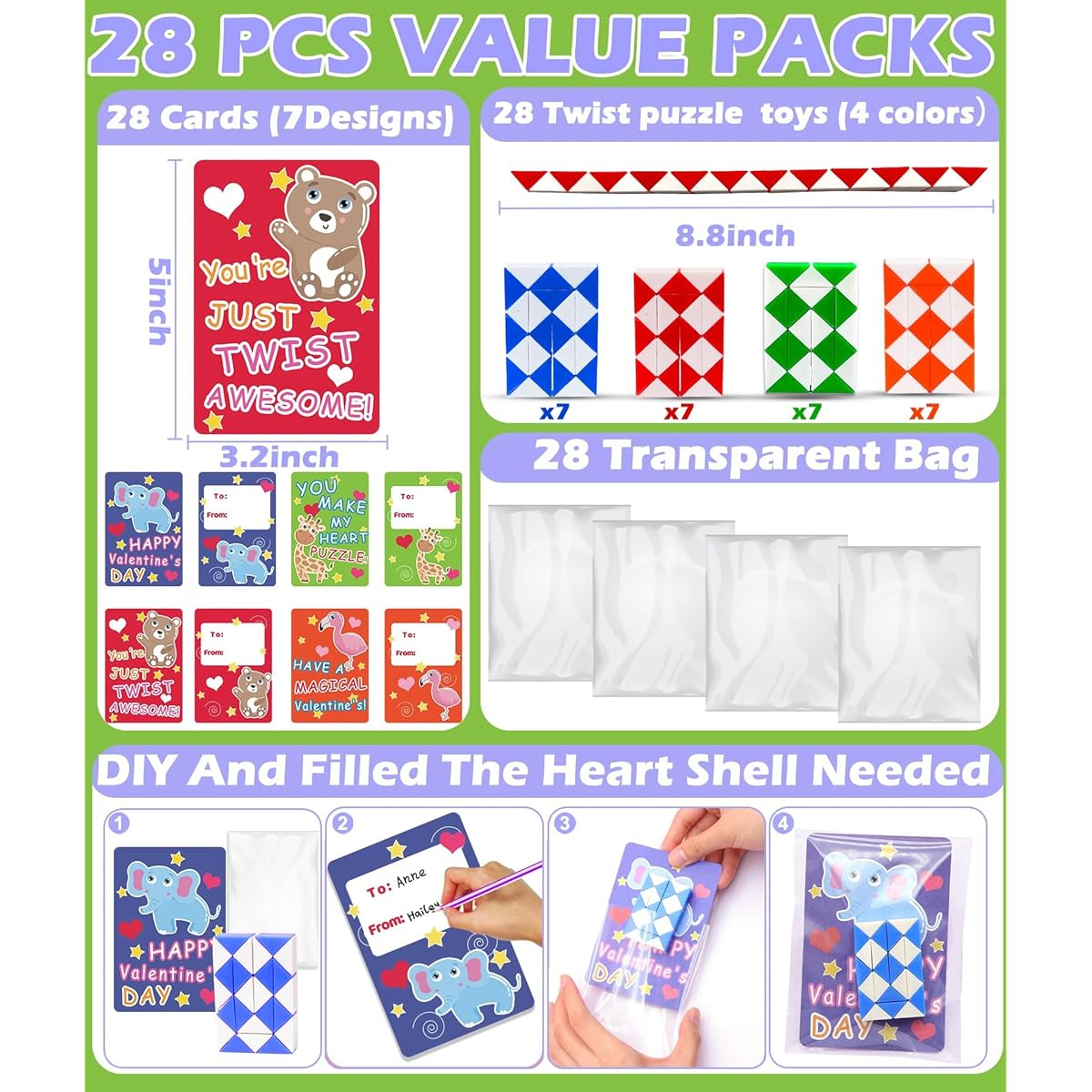 AMENON 28 Pack Valentine's Day Gifts for Kids Sensory Fidget Twist Puzzle Snake Cube Transformation Toys Party Favors Valentine Cards for Kids School Classroom Exchange Valentine Gifts Kids Party Bag Fillers
