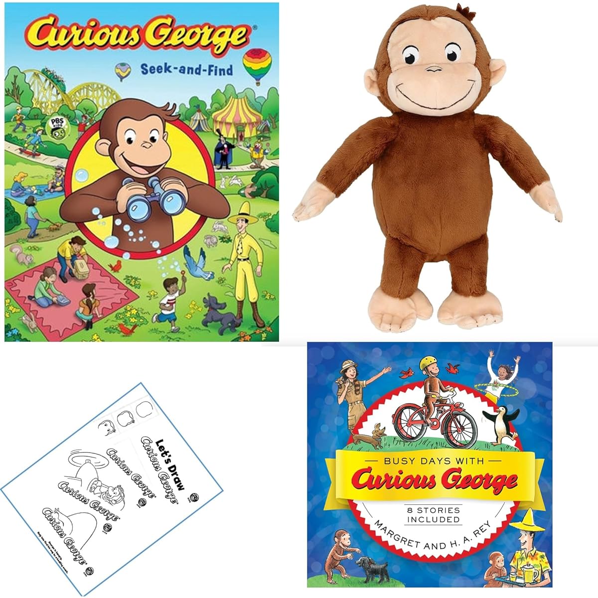 Curious George Gift Set - 8 Stories by H A Rey, Plush Book Characters, Curious George Seek and Find Book and Activity Pages (Humorous Creative and Educational Adventures)