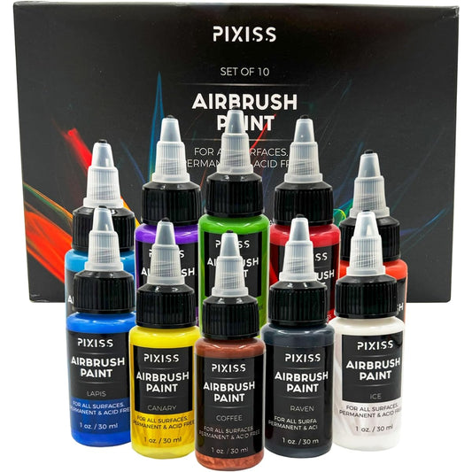 Pixiss Airbrush Paint Set - 10 Colors Acrylic Paint for Airbrush Kit - Acrylic Airbrush Paint Set for Model Paint Kit - Vibrant Pigments for a Variety of Surfaces