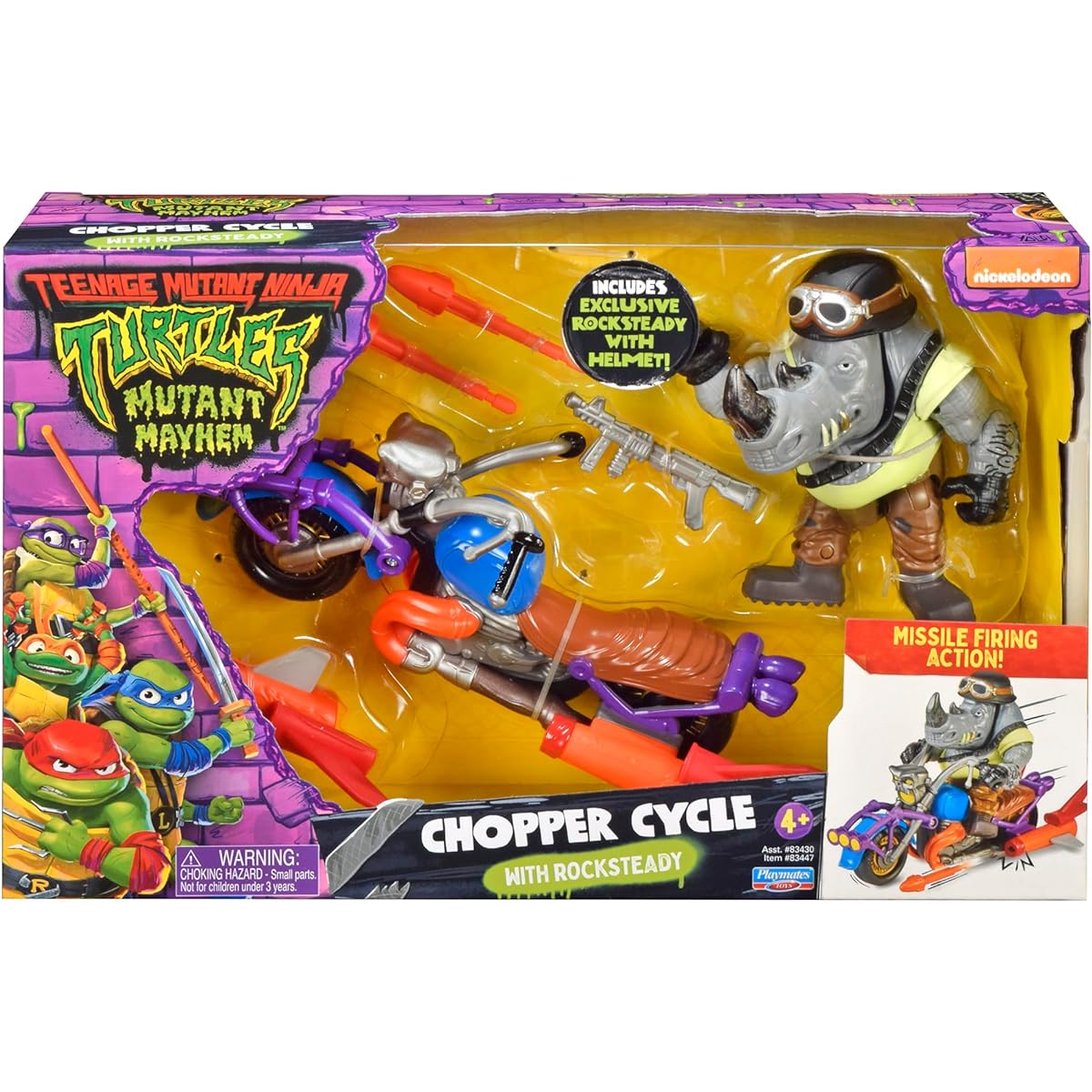 Teenage Mutant Ninja Turtles: Mutant Mayhem Chopper Cycles with exclusive Rocksteady figure makes the perfect gift for boys ages 4-7 and TMNT fans!