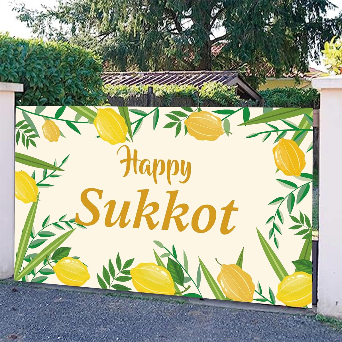 LOONELO Happy Sukkot Background Banner 70.8" x 43.3" Sukkah Etrog Lulav Jewish Holiday Photo Background for Photo Booth/Wedding/Birthday Party Celebration (Beige)