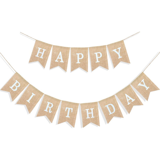 (White) - Uniwish Happy Birthday Banner Party Decorations, Rustic Burlap Bunting Swallowtail Flags, 2 in 1