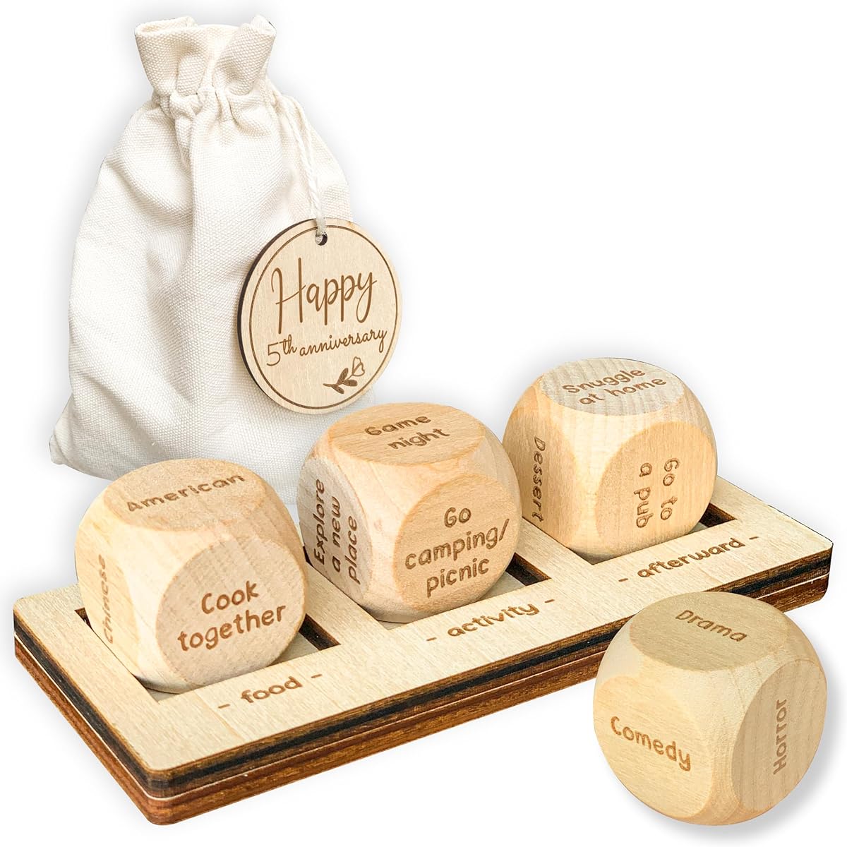 WOODAMORE Date Night Dice for Couples - Happy 5th Food Cube Game Take Out the Dice Decide How to View the Movie Dice