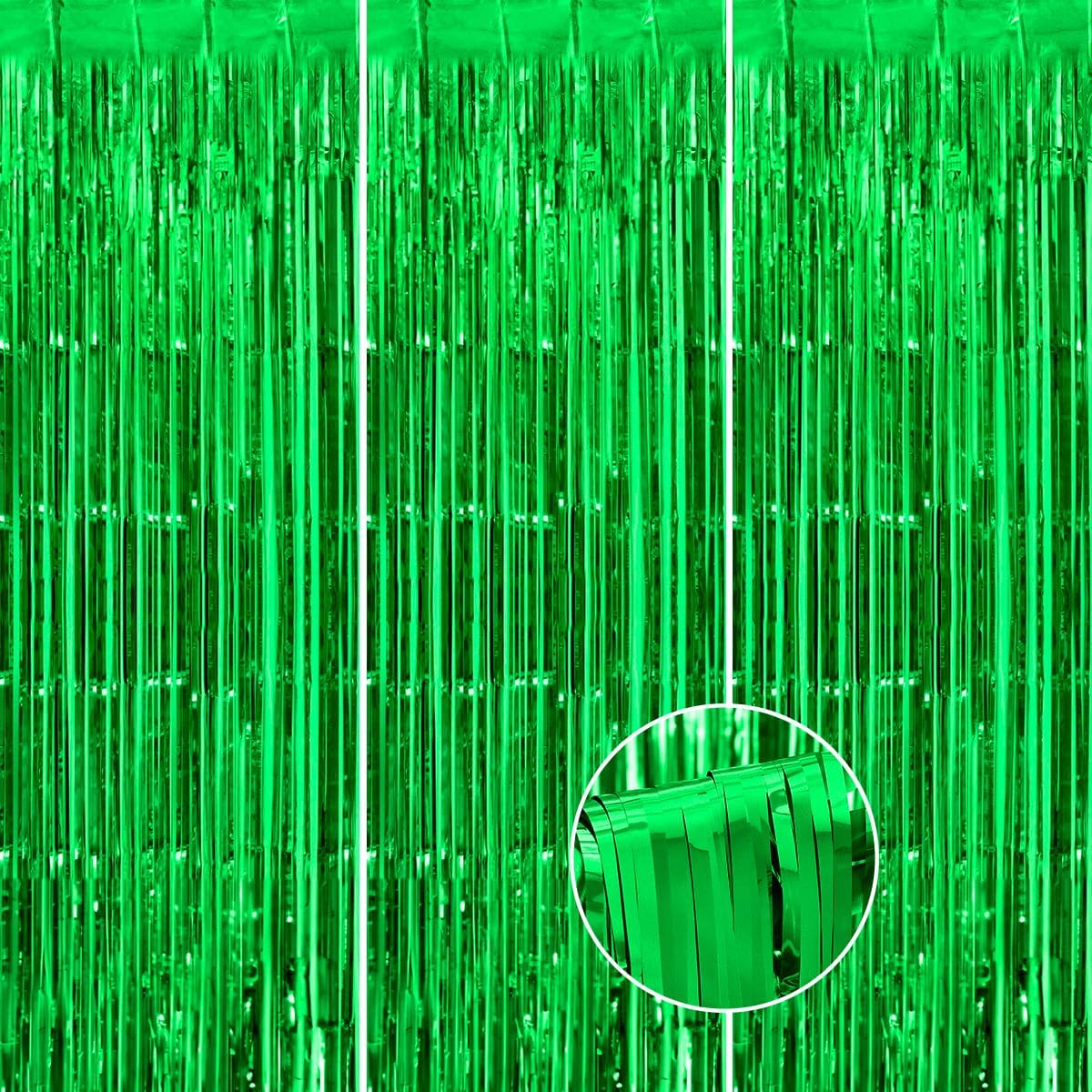 3 Pack Green Heavy Foil Fringe Curtain Decoration 3.3x8ft Photo Backdrop Birthday Bachelorette Bridal Shower Baby Shower Graduation Party Stream Decor