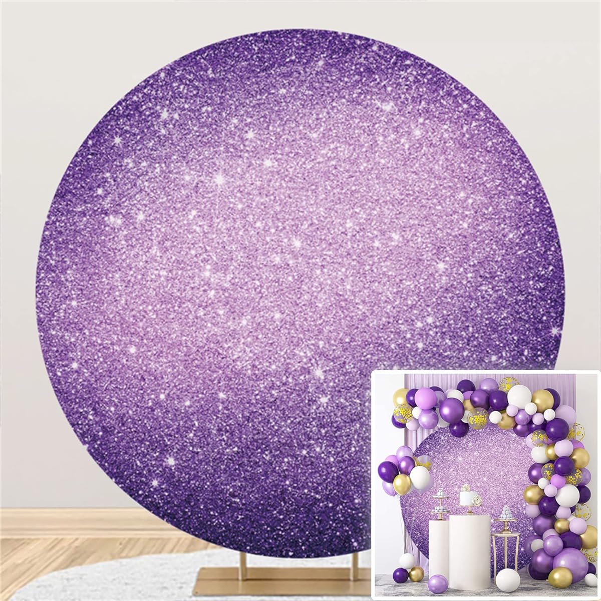 Canessioa 7x7ft Purple Round Backdrop, Sparkly Violet Purple Sparkly Glitter Round Background Cover for Photography Baby Shower Bridal Shower Birthday Party Purple Circle Backdrop Polyester
