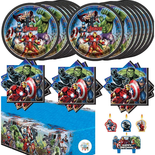 Another Dream Avengers Birthday Party Supplies Set for 16 Guests Includes Table Cover, Plates, Napkins, Birthday Candles and Exclusive Pin