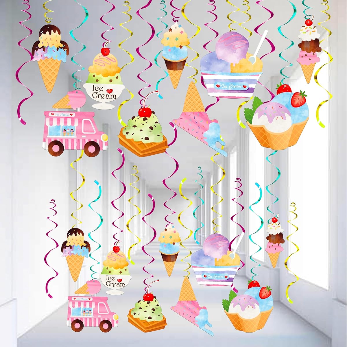 KatchOn 48 Pack Ice Cream Hanging Swirl Decorations, No DIY Required, Ice Cream Party Supplies, Ice Cream Party Decorations, Ice Cream Birthday Party Decorations, Ice Cream Theme Party Decorations