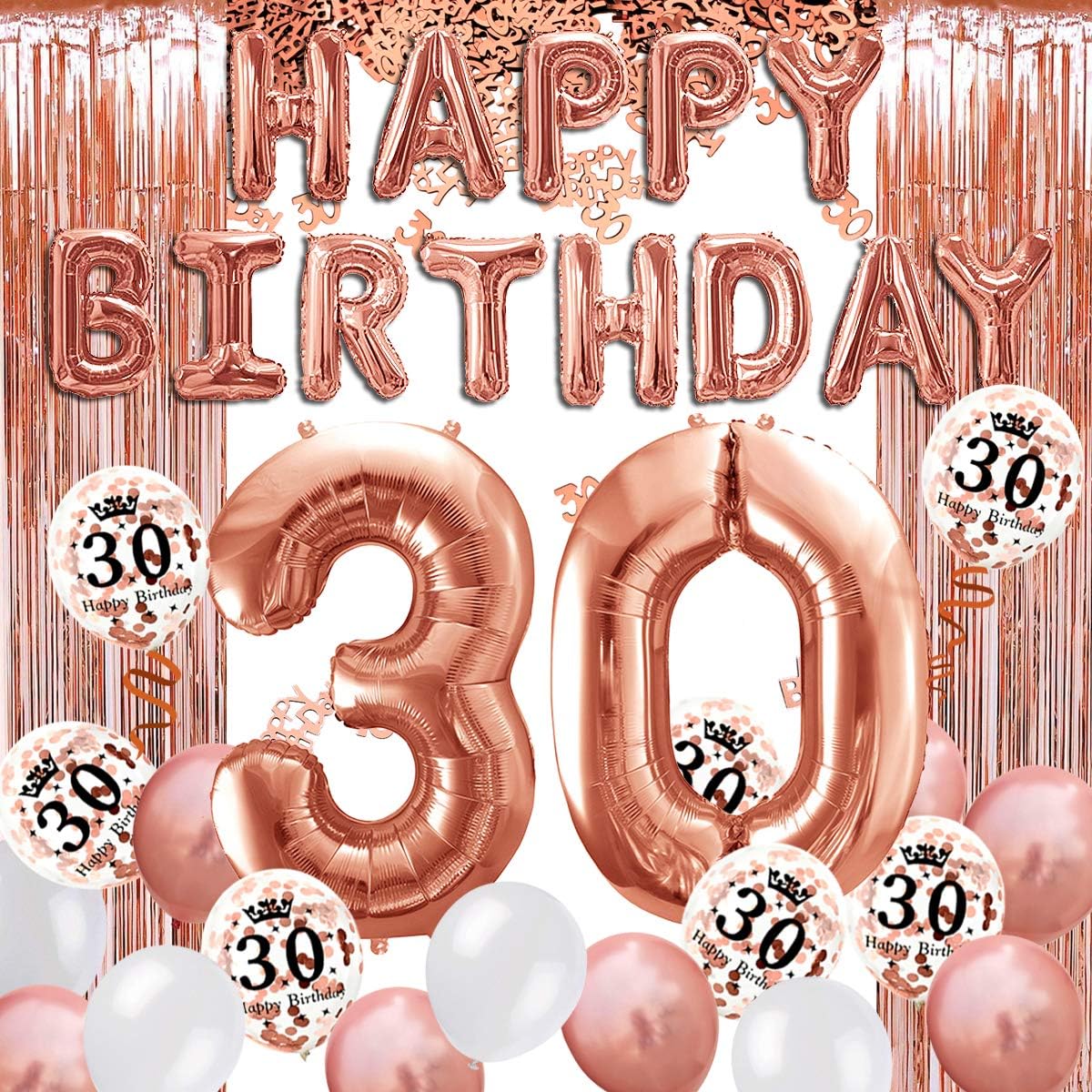 MOVINPE 30th Rose Gold Birthday Party Decorations, Happy Birthday Banner, Jumbo Number 30 Foil Balloons, 2 Rose Gold Fringe Curtains, Latex Confetti Balloons, Table Confetti for Girls Women Anniversary