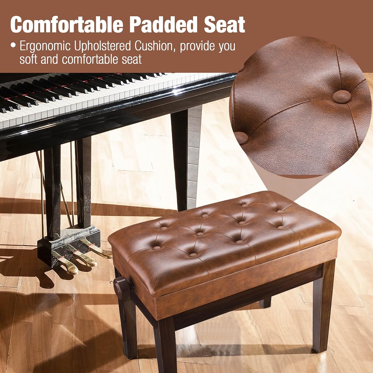Piano Bench Height Adjustable Leather Padded Keyboard Organ Seat Throne Storage