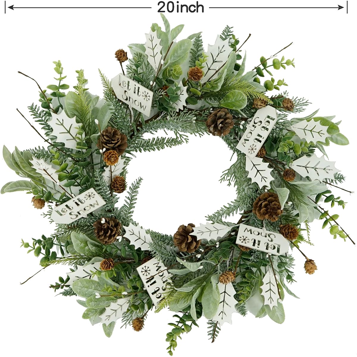 WreathDream 20" Artificial Christmas Wreath, Winter Wreath, Front Door Wreath, White Wood Holly Leaves, Lamb's Ear Leaves, Front Door/Farmhouse/Indoor/Outdoor/Holiday/Home Decor