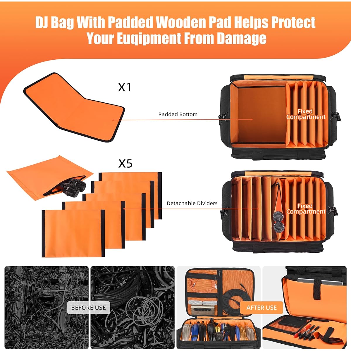 Homfu DJ Bag for Equipment DJ Cable File Bag Gig Gear Bag with Removable Dividers DJ Cable Organizer Case Travel Gear Bag for Musicians Cable Accession Equipment