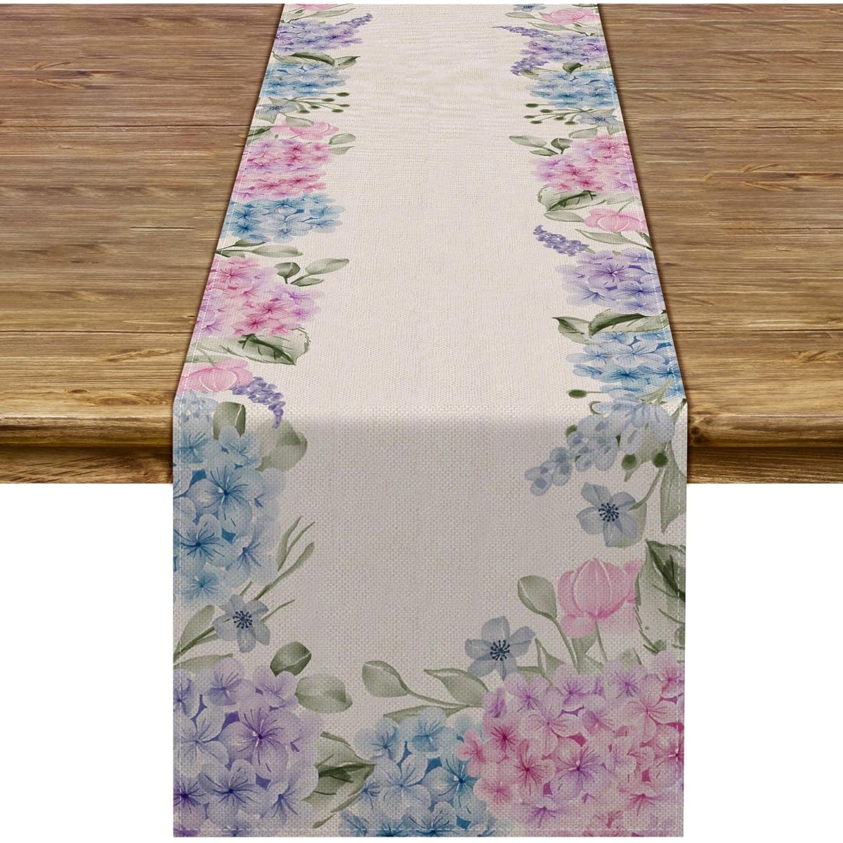 Pudodo Hydrangea Table Runner Eucalyptus Leaves Spring Summer Floral Print Tablecloth Farmhouse Kitchen Dining Room Home Decor