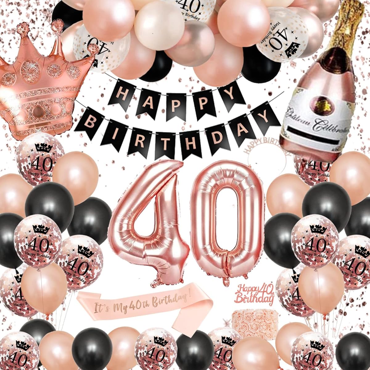 Black and Rose Gold 40th Birthday Decorations for Women