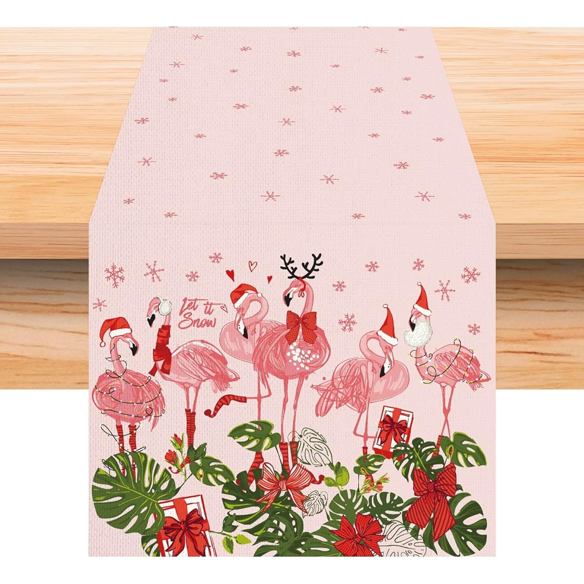 Linen Pink Hawaiian Tropical Flamingo Christmas Table Runner 72" Long Hawaii Beach Christmas Xmas Winter Holiday Home Kitchen Table Decorations