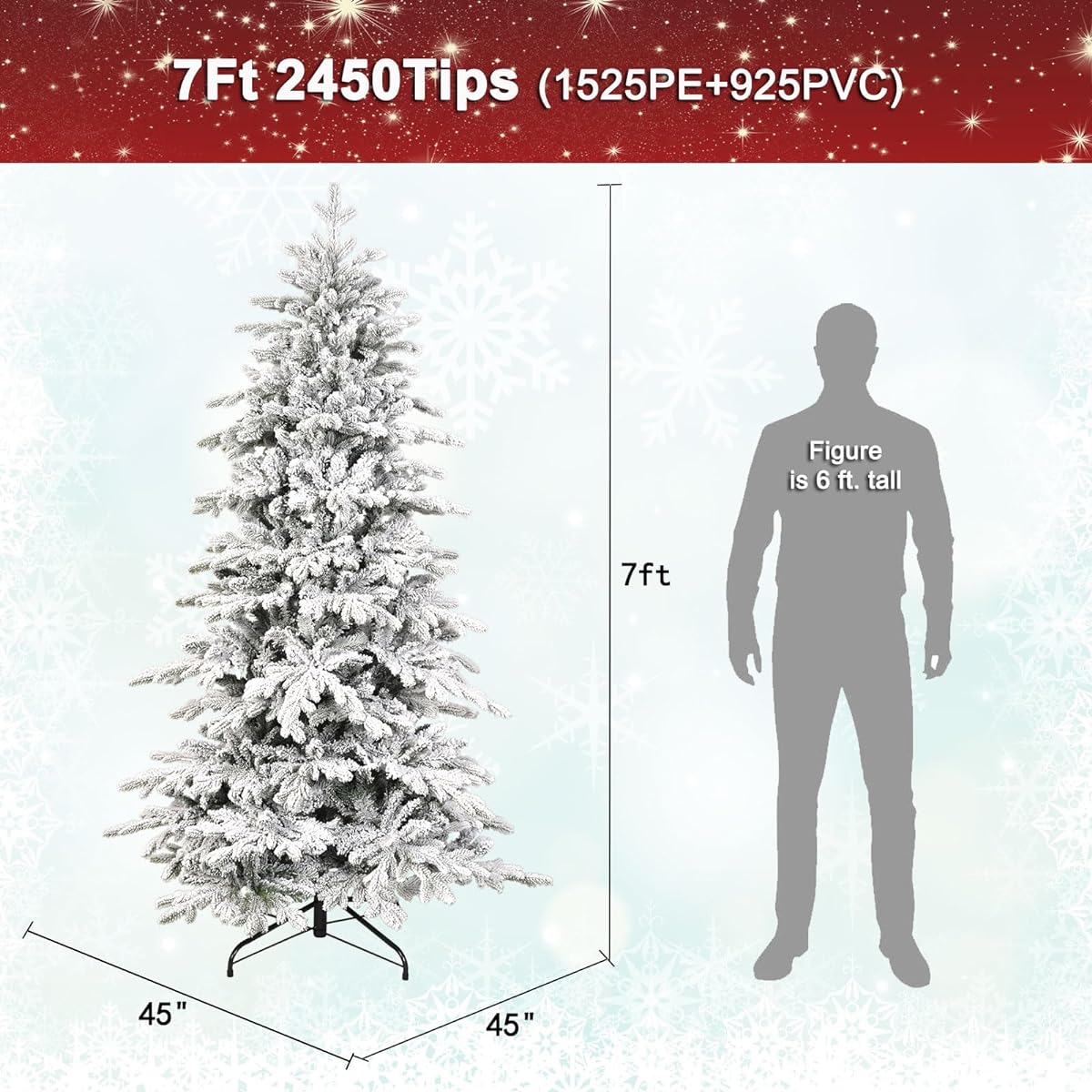 Treepool 7ft Snowy Christmas Tree Premium PE&PVC 2450 Tips No Lights Slim White Pencil Artificial Christmas Tree Tall Skinny Hinged Full Realistic Metal Stand(1525PE&925PVC)