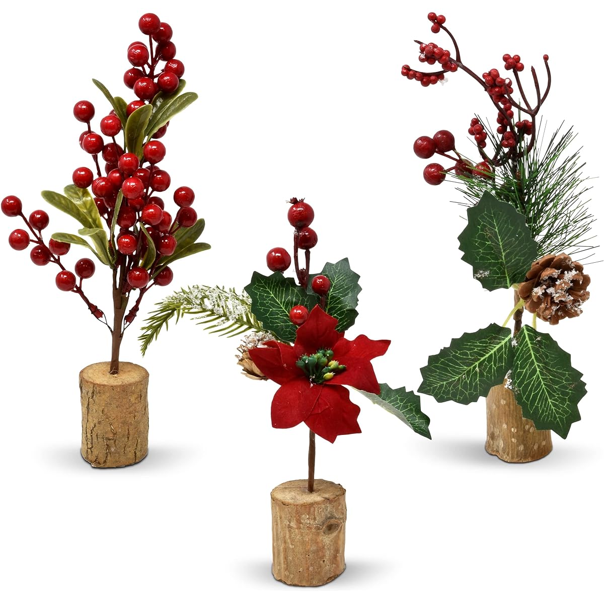 Mini Christmas Red Floral Plants Table Decorations Set of 3 Pine Nut Branches Tabletop Centerpieces Office Desk Shelf Mantle Kitchen Counter Home Holiday Winter Flowers Christmas Tree Party Decor