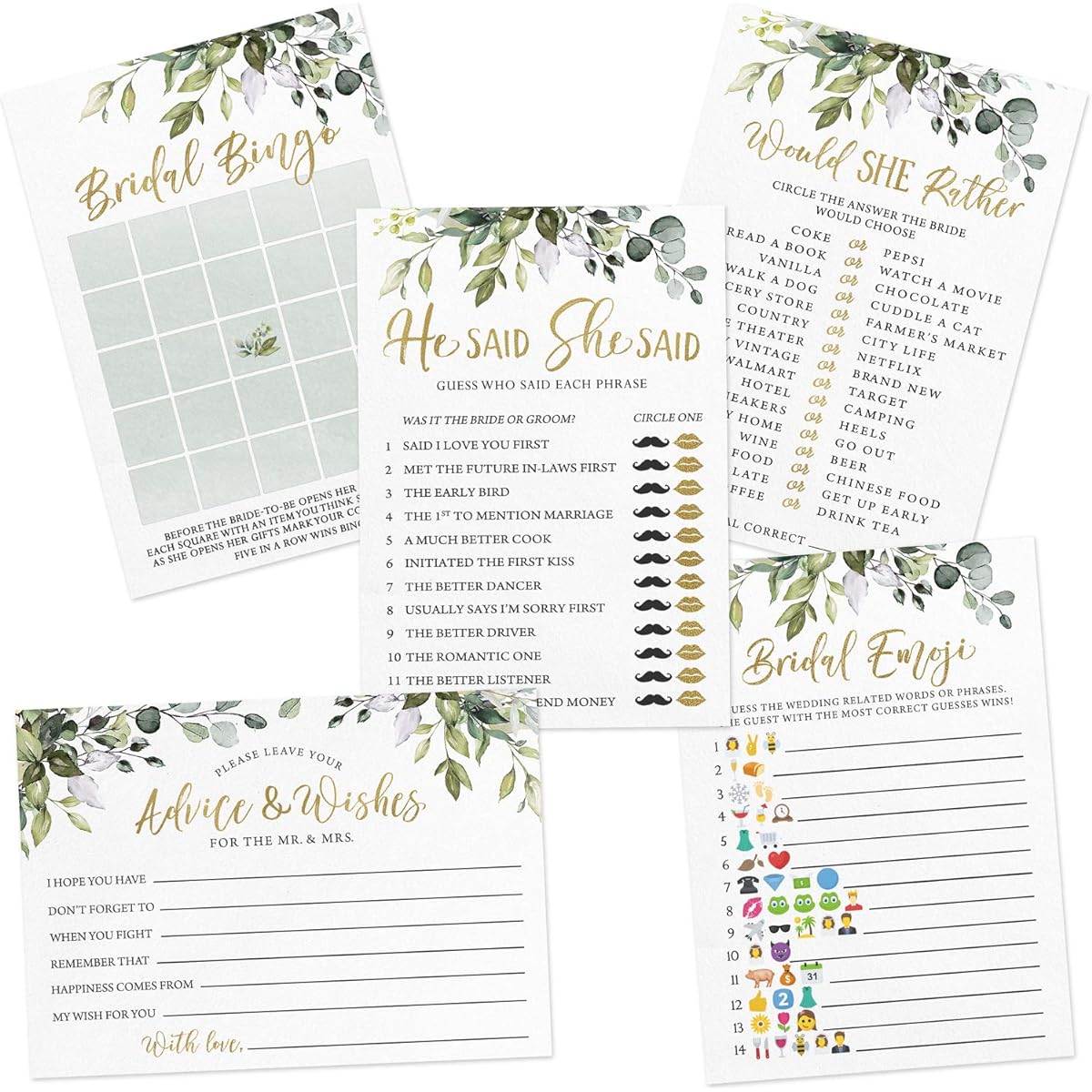 Bridal Shower Game Set 5 Games 250 Cards Eucalyptus Green Theme Bridal Bingo Emoji Emoticons Advice Wishes He Would She Said