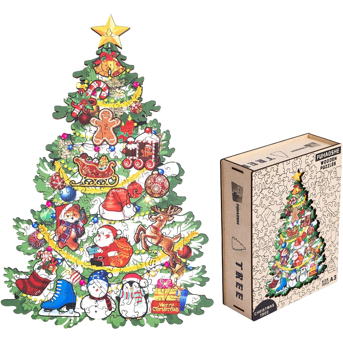 Big Christmas Wooden Puzzle 3D Home Decoration Wooden Jigsaw Puzzle for Family and Kids A3, 12x16 Inch, 200 Pieces (Tree)