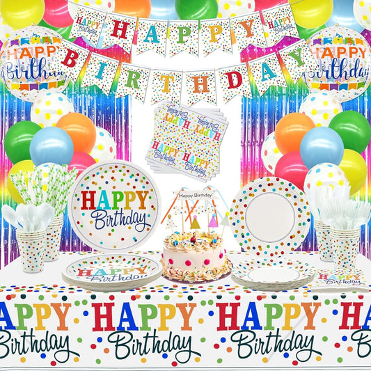 212pcs Rainbow Party Supplies - Colorful Balloons, Polka Dot Banner, Fringe Curtain, Cake Topper, Plates, Napkins, Cups, Tablecloth, Kids Confetti, Sprinkles Party Decorations for 20 People