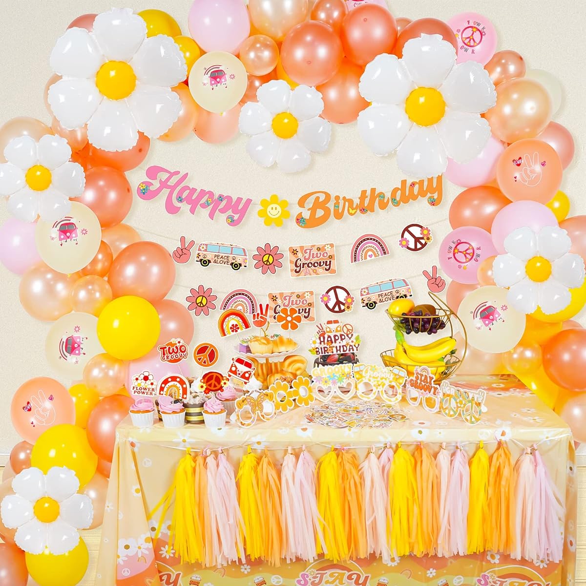 Groovy Birthday Party Decorations Retro Hippie Boho Party Supplies Daisy Fairy Pastel Balloons Garland Arch Kit with Groovy Stickers Glasses Tablecloth for Girls Baby Shower Birthday Party Decorations
