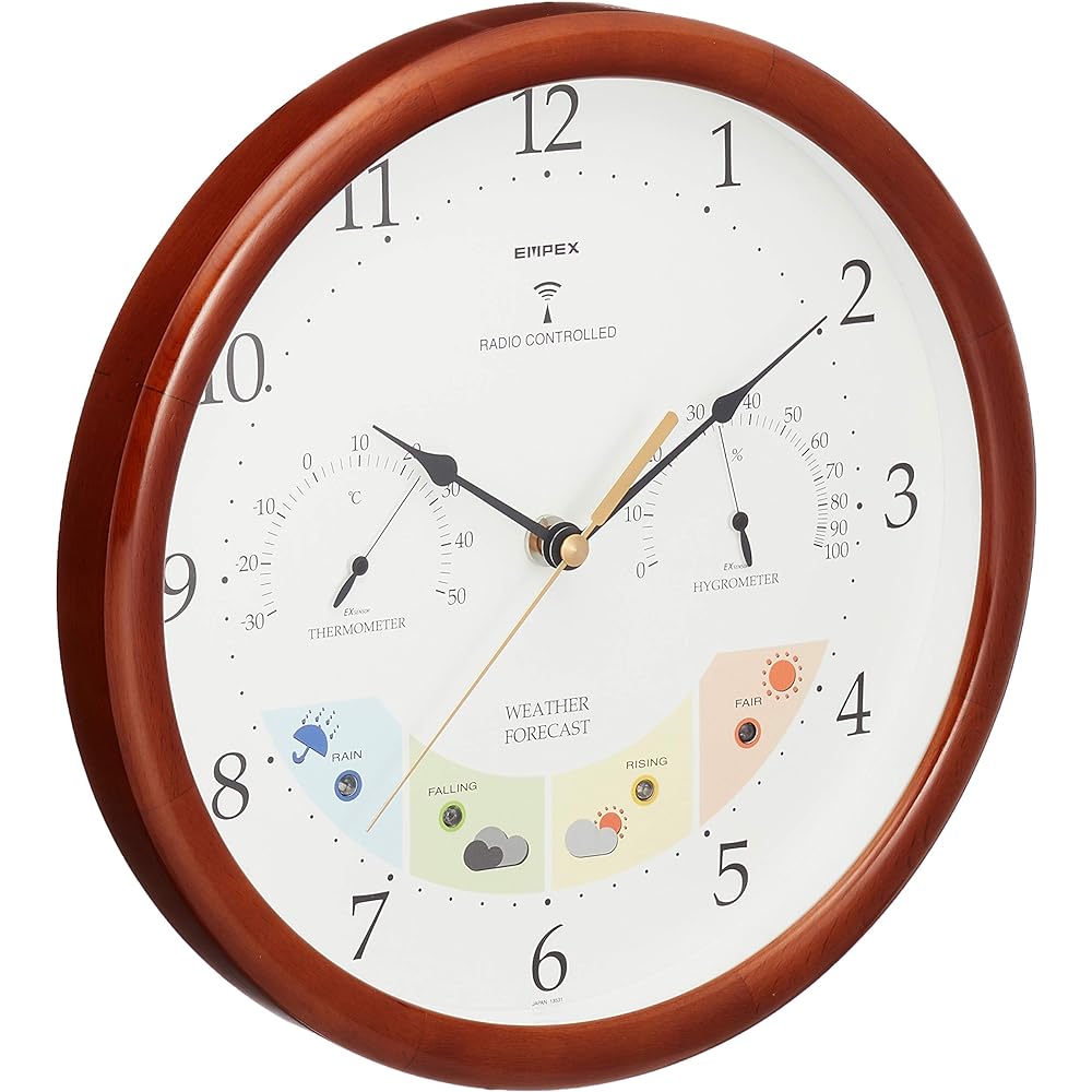 EMPEX Weather Meter Temperature and Hygrometer Weather Pal Radio Clock with Weather Forecast Function for Wall Hanging Made in Japan Brown BW-873 27x27x5.4cm