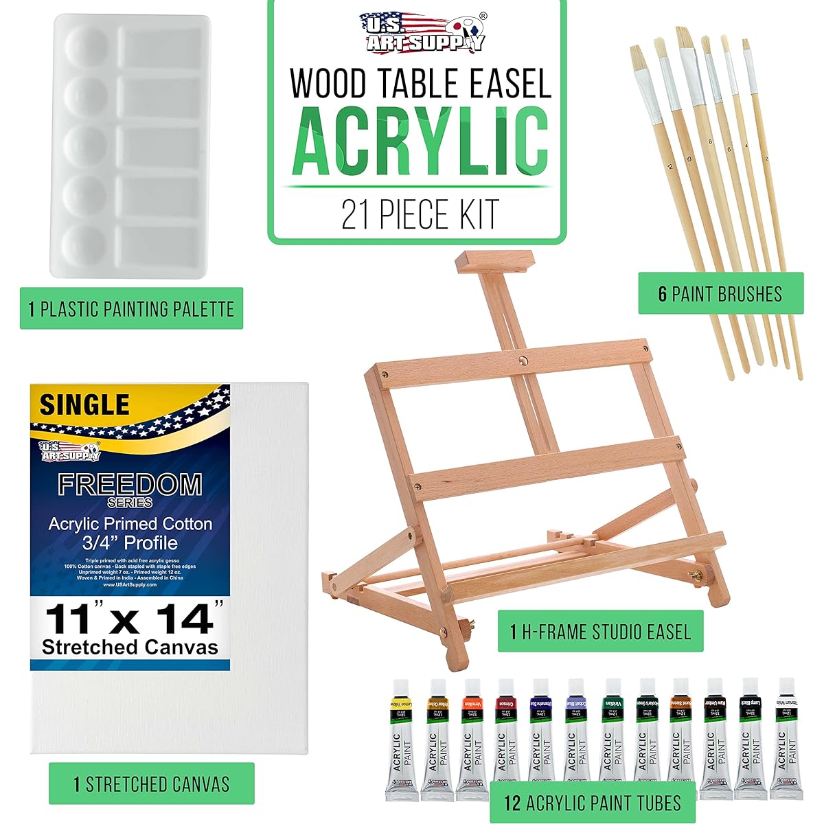 US Art Supply 21pc Acrylic Painting Table Easel Set with, Acrylic Paint, 11inch x 14inch Canvas, Palette, 6 Brushes by US Art Supply