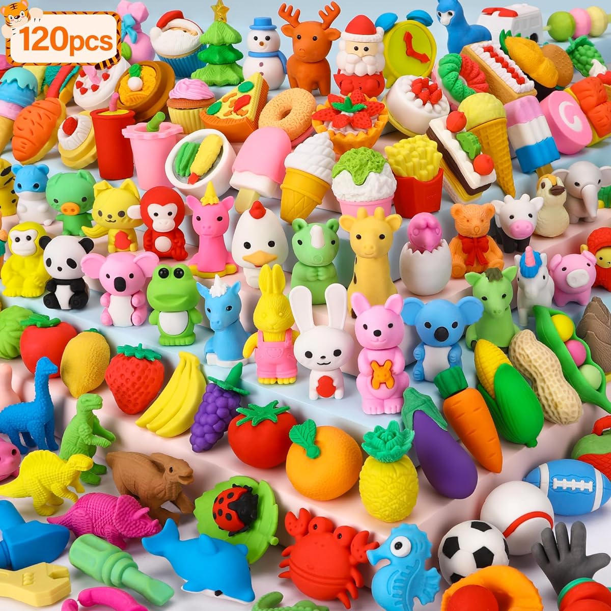 Moosia 120 Pack Animal Pencil Erasers for Kids Bulk Desk Pet Toys 3D Mini Puzzle Erasers Take Apart Erasers Treasure Chest Toys Games Giveaways Party Favors Gifts Class Prizes Rewards School Supplies
