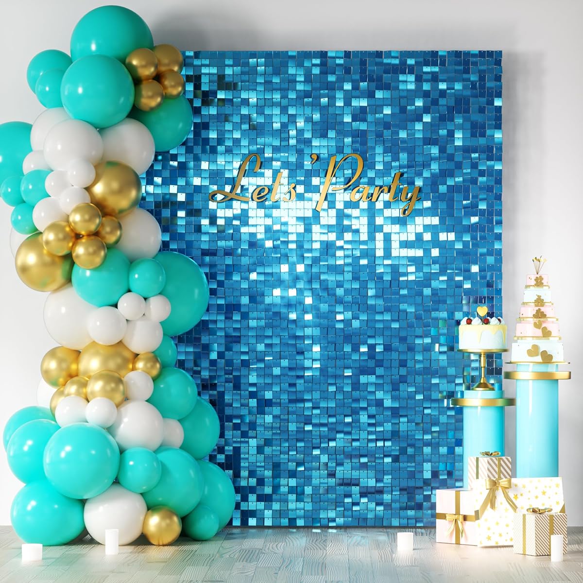 COKAOBE Turquoise Blue Sparkly Wall Backdrop, 24 Panels Square Sequins Glitter Background for Birthday/Anniversary/Wedding/Graduation/Bachelorette Party Decoration