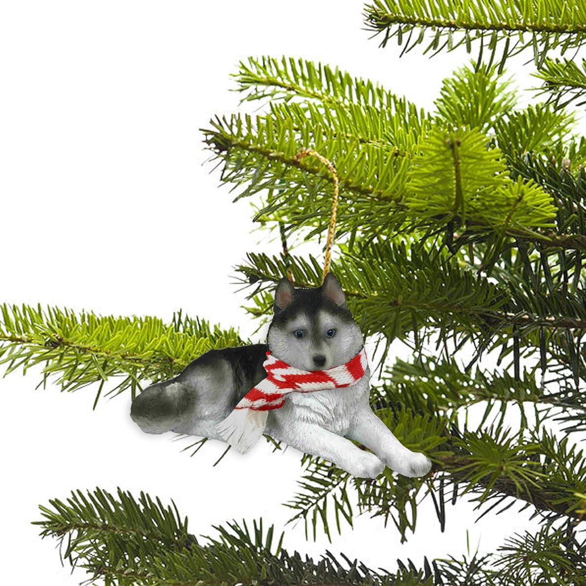 Sandicast Siberian Husky with Red and White Scarf Christmas Ornament