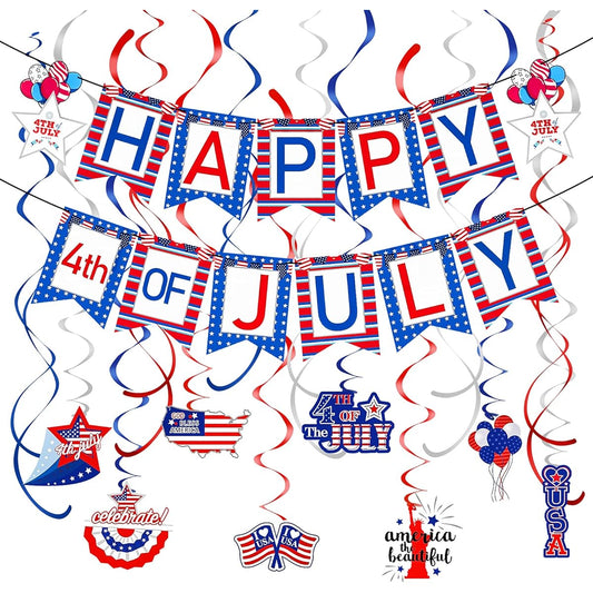 4th of July Decorations - 4th of July Happy Banner Red White and Blue with 16pcs Patriotic Hanging Swirls Party Decorations Supplies, 4th of July Decorations, Red White and Blue Party Decorations