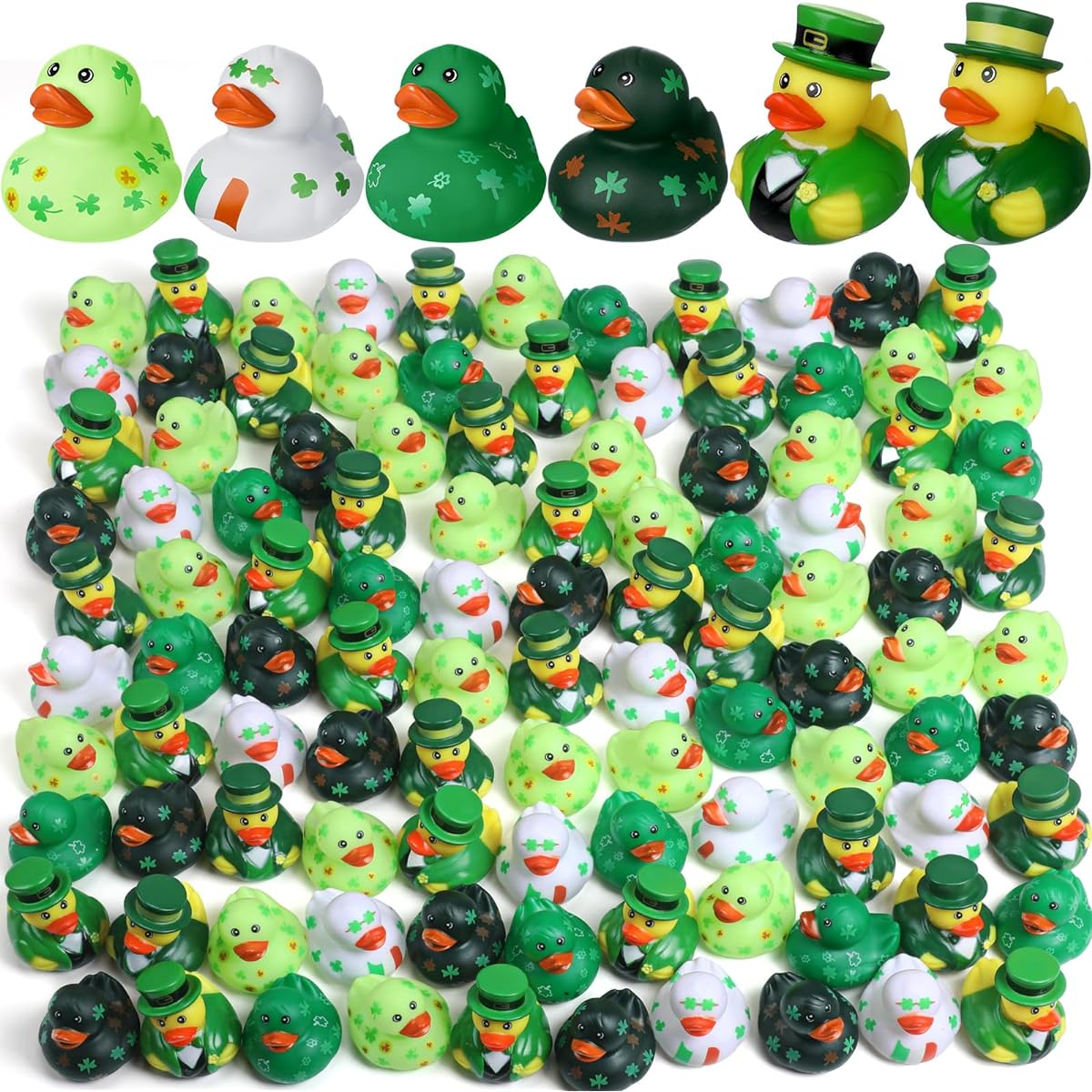 Jerify 96pcs St. Patrick's Day Rubber Ducks, 6 Styles Shamrock Ducks for Bath, Pool, Birthday, Irish St. Patrick's Day Gifts, Party Favors, Accessories, Holiday Rubber Ducks