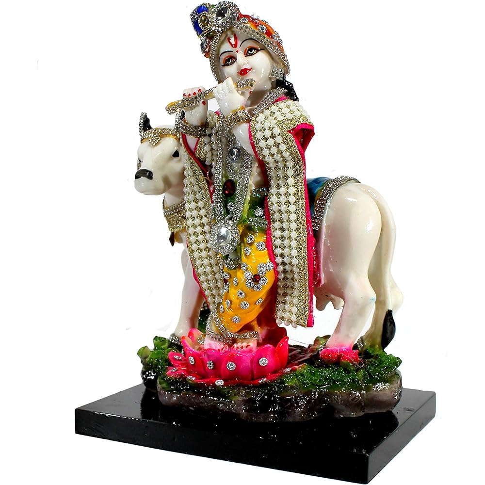 eSplanade – Hand Carved Lord Krishna and Kamdhen Kaukishan Mahan Charu Murti Idol Statue Sculpture – Resin – 10 Inches – Multicolor