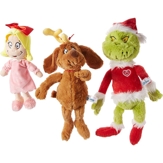 Aurora Dr. Seuss Cindy Lou Who 12", Grinch Santa 19" & His Dog Max 18" Christmas Special Plush Set of 3