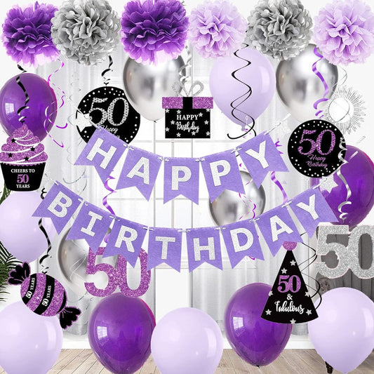 50th Birthday Decorations for Women Purple Silver/50th Birthday Party Decorations for Women Purple Silver Black Foil Hanging Swirls with Balloon Banner for Women 50th Birthday Party Supplies