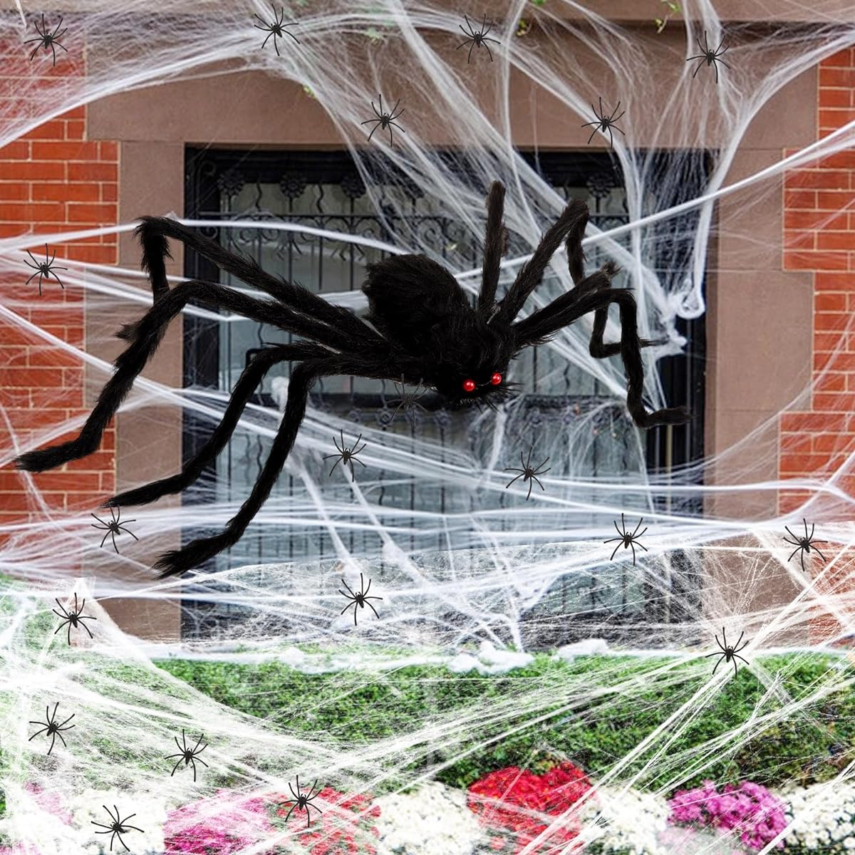 BINBE Halloween Spider Set 22pcs - 35inch Giant Fake Spider with Red Eyes, 20 Tiny Spiders, Soft Cobweb, Scary Spiders for Outdoor Indoor Halloween Decorations