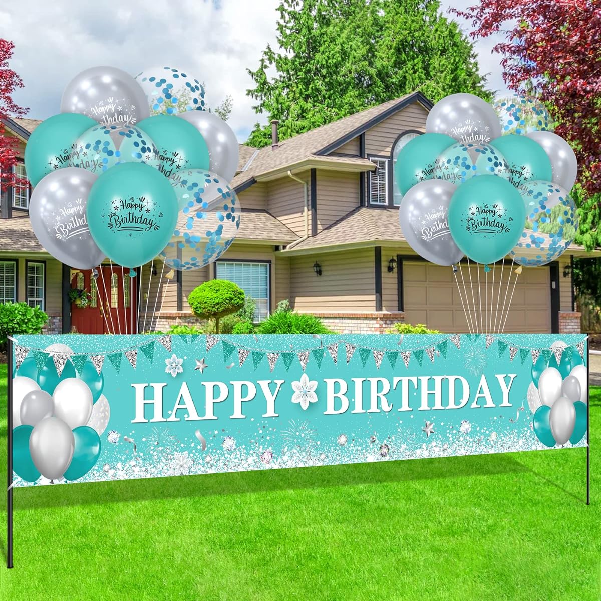 Teal Birthday Decorations Men Women Teal Silver Happy Birthday Banner Yard Sign Turquoise Birthday Balloon Mint Blue Birthday Supplies Party Decorations