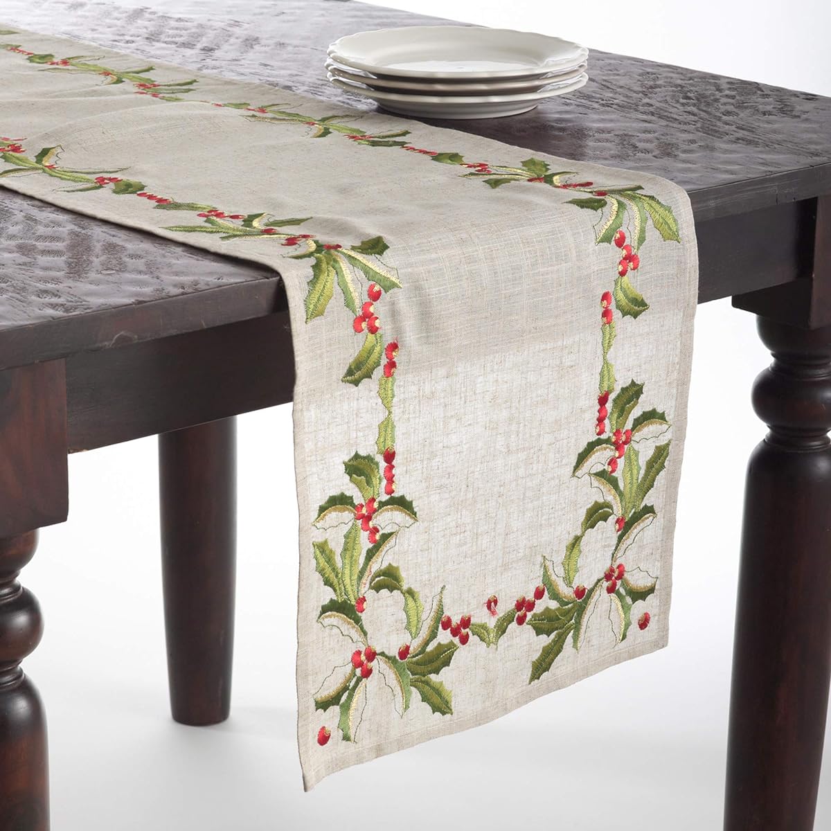 SARO LIFESTYLE QX653.N16108B Holiday Collection Embroidered Holi Design Table Runner 16" x 108", Natural