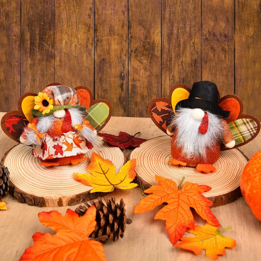 2 Pack Turkey Decor Couple Stuffed Animals Thanksgiving Tabletop Decoration Fall Plush Table Kit Harvest Home Room Decor