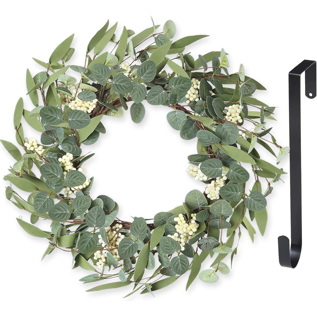 IVITA 20" Eucalyptus Wreath for Front Door Spring Summer Large Green Leaves Artificial Berry Wreath for Home Porch Wall Window Farmhouse Patio Festival Celebration Garden Party Decor