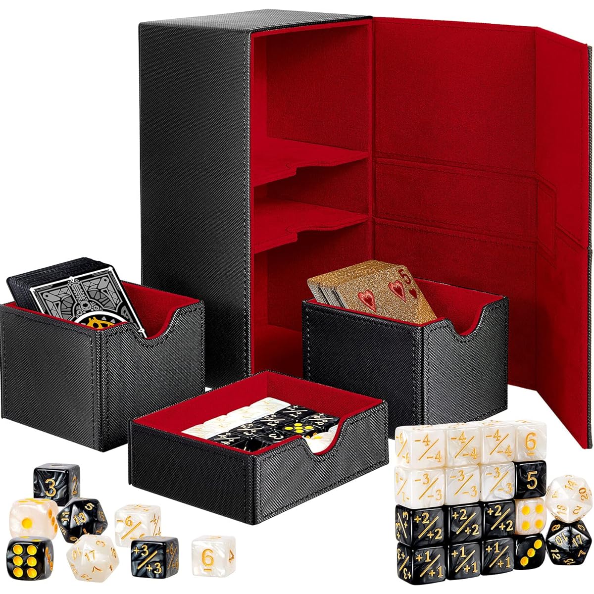 Deekin Deck Card Box, Card Deck Game Box Compatible with MTG TCG CCG Commander Deck, Playing Card Case, Card Deck Holder, 3 Trays for 220+ Sleeved Cards with 18 Dice, 8" x 4.5" x 3.4" (Red Black)