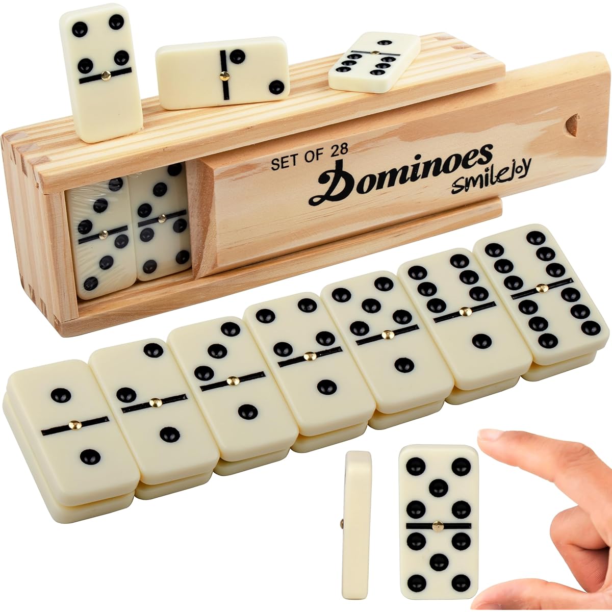 Smilejoy Domino Set for Adults, Domino Set for Classic Board Games, Double 6 Domino Game Set, 28 Pieces with Wooden Case, for 2-4 Players