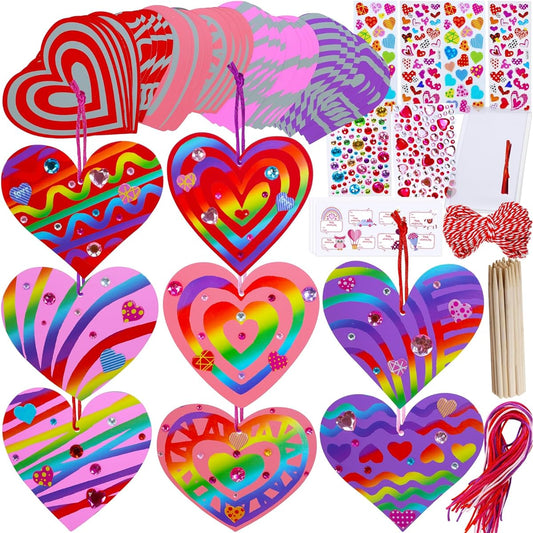Winlyn 32 Sets Colorful Magic Color Scratch Valentine Heart Ornaments Decoration Valentine Scratch Art Heart Valentine's Day Craft Kit Kids Class Activities Party Favors Gift Exchange