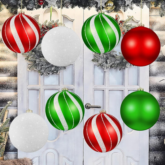 Wettarn Large Christmas Ball Ornaments, Set of 8 6 Inch Red Green White Glitter Hanging Christmas Plastic Balls for Indoor and Outdoor Hanging Christmas Tree Decorations for Lawn Yard Garden Party, 5 Styles